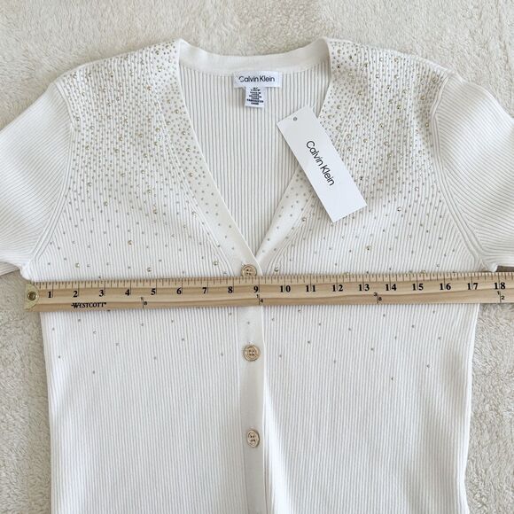 NWT Calvin Klein Cardigan Sweater Womens Sz S Ivory Gold Accents Ribbed-Knit - Picture 9 of 11